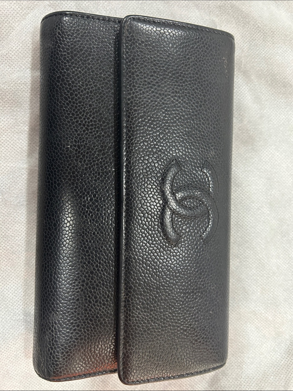 CHANEL Black Caviar Leather Flap Wallet with Embossed CC